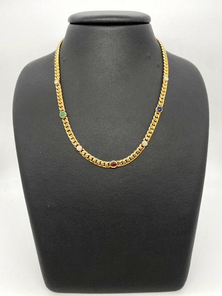 Halskette 750 GG mit Brillanten, Saphir, Rubin und Smaragd